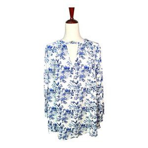 Charlie O Blue & White Boho Floral V-Neck Tunic Blouse Dress with Bell Sleeves